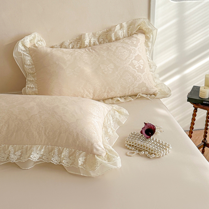 91家纺网 家纺一手货源 找家纺 你好美丽 2026新款水洗棉提花双层雪纺花边四件套-梦甜系列 梦甜杏