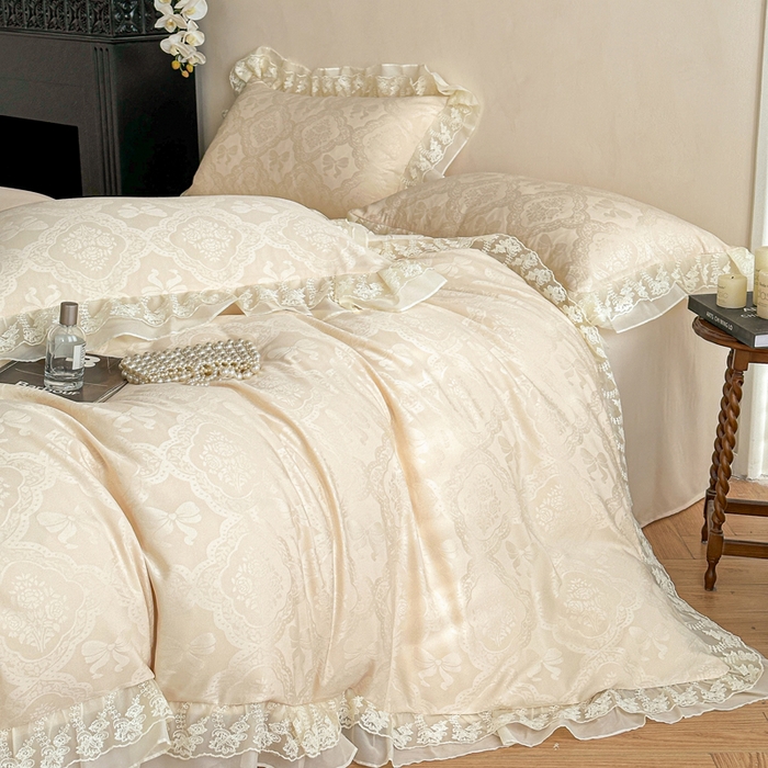 91家纺网 家纺一手货源 找家纺 你好美丽 2026新款水洗棉提花双层雪纺花边四件套-梦甜系列 梦甜杏