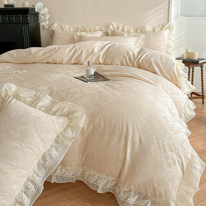 91家纺网 家纺一手货源 找家纺 你好美丽 2026新款水洗棉提花双层雪纺花边四件套-梦甜系列 梦甜杏