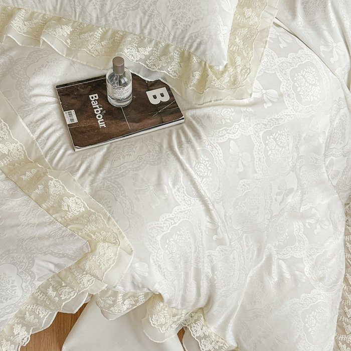 91家纺网 家纺一手货源 找家纺 你好美丽 2026新款水洗棉提花双层雪纺花边四件套-梦甜系列 梦甜白