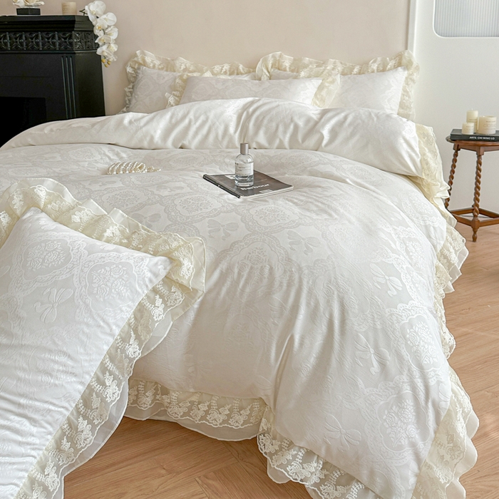 91家纺网 家纺一手货源 找家纺 你好美丽 2026新款水洗棉提花双层雪纺花边四件套-梦甜系列 梦甜白