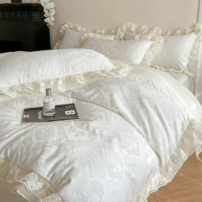 91家纺网 家纺一手货源 找家纺 你好美丽 2026新款水洗棉提花双层雪纺花边四件套-梦甜系列 梦甜白