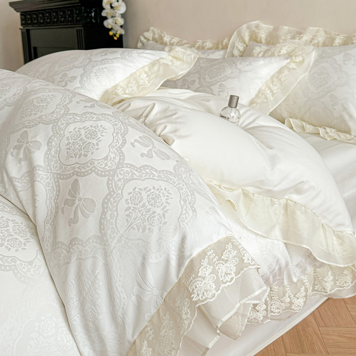 91家纺网 家纺一手货源 找家纺 你好美丽 2026新款水洗棉提花双层雪纺花边四件套-梦甜系列 梦甜白