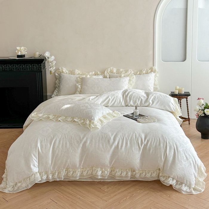 91家纺网 家纺一手货源 找家纺 你好美丽 2026新款水洗棉提花双层雪纺花边四件套-梦甜系列 梦甜白