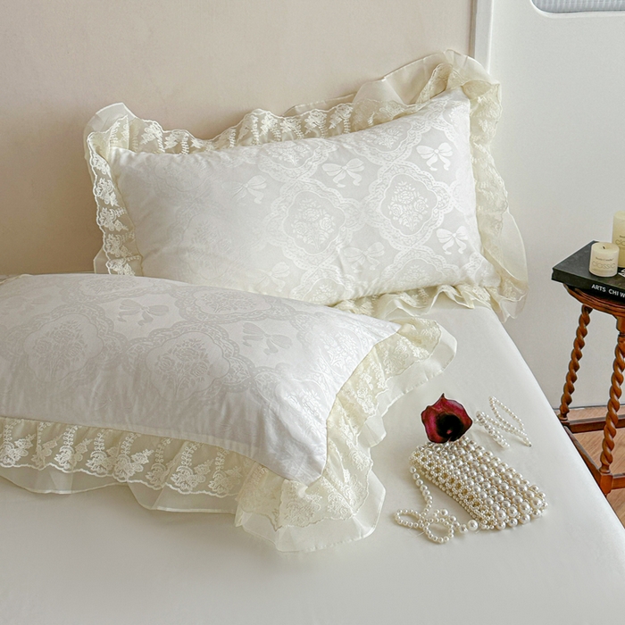 91家纺网 家纺一手货源 找家纺 你好美丽 2026新款水洗棉提花双层雪纺花边四件套-梦甜系列 梦甜白