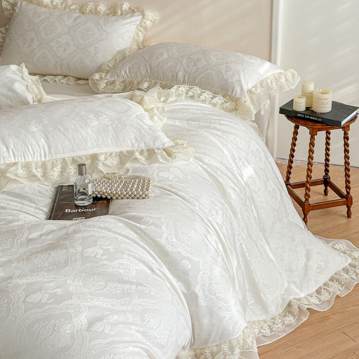 91家纺网 家纺一手货源 找家纺 你好美丽 2026新款水洗棉提花双层雪纺花边四件套-梦甜系列 梦甜白