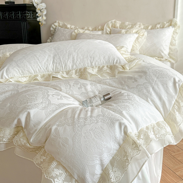 你好美丽 2026新款水洗棉提花双层雪纺花边四件套-梦甜系列 梦甜白