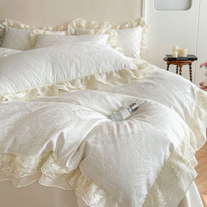 91家纺网 家纺一手货源 找家纺 你好美丽 2026新款水洗棉提花双层雪纺花边四件套-梦甜系列 梦甜白