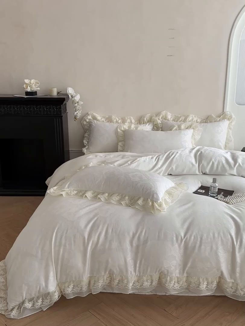 91家纺网 家纺一手货源 找家纺 你好美丽 2026新款水洗棉提花双层雪纺花边四件套-梦甜系列 梦甜白