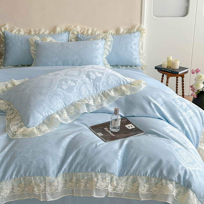 91家纺网 家纺一手货源 找家纺 你好美丽 2026新款水洗棉提花双层雪纺花边四件套-梦甜系列 梦甜蓝