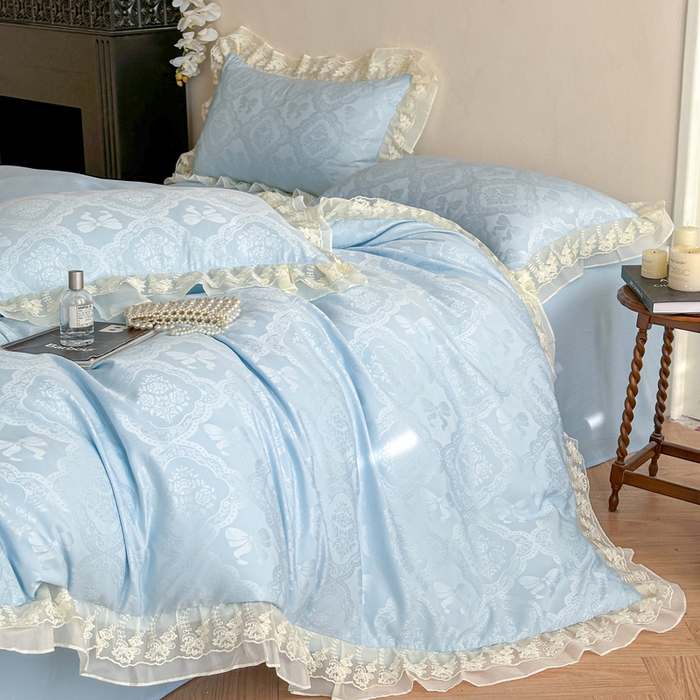 91家纺网 家纺一手货源 找家纺 你好美丽 2026新款水洗棉提花双层雪纺花边四件套-梦甜系列 梦甜蓝