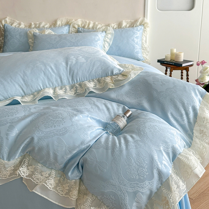 91家纺网 家纺一手货源 找家纺 你好美丽 2026新款水洗棉提花双层雪纺花边四件套-梦甜系列 梦甜蓝