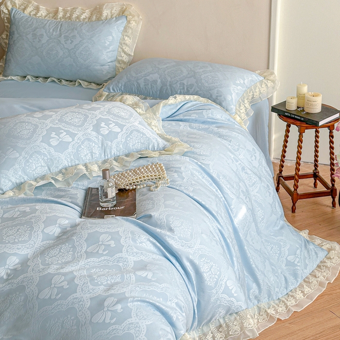 91家纺网 家纺一手货源 找家纺 你好美丽 2026新款水洗棉提花双层雪纺花边四件套-梦甜系列 梦甜蓝