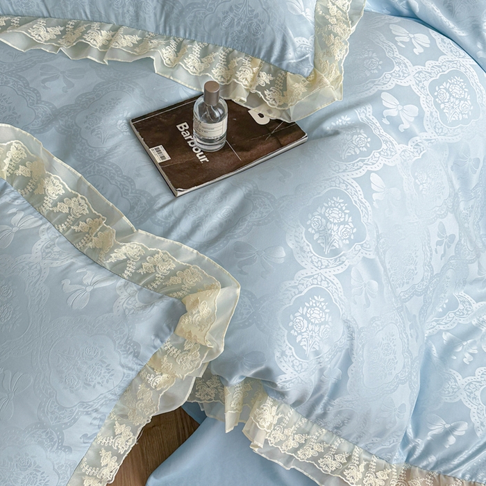 91家纺网 家纺一手货源 找家纺 你好美丽 2026新款水洗棉提花双层雪纺花边四件套-梦甜系列 梦甜蓝