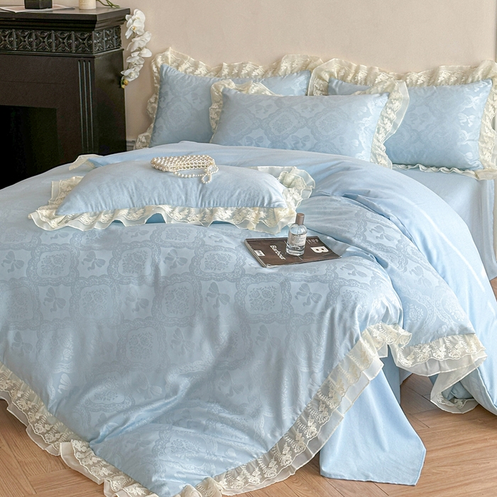 91家纺网 家纺一手货源 找家纺 你好美丽 2026新款水洗棉提花双层雪纺花边四件套-梦甜系列 梦甜蓝