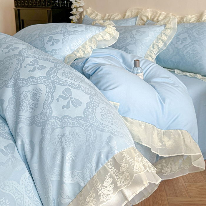 91家纺网 家纺一手货源 找家纺 你好美丽 2026新款水洗棉提花双层雪纺花边四件套-梦甜系列 梦甜蓝