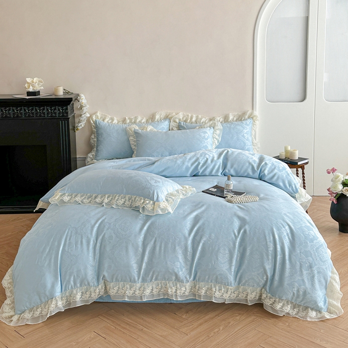 91家纺网 家纺一手货源 找家纺 你好美丽 2026新款水洗棉提花双层雪纺花边四件套-梦甜系列 梦甜蓝