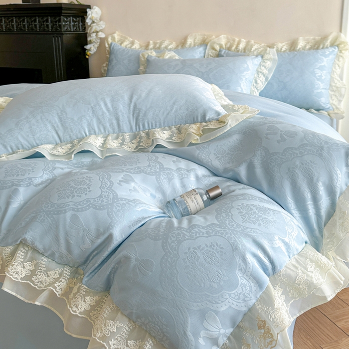 你好美丽 2026新款水洗棉提花双层雪纺花边四件套-梦甜系列 梦甜蓝