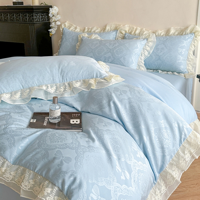 91家纺网 家纺一手货源 找家纺 你好美丽 2026新款水洗棉提花双层雪纺花边四件套-梦甜系列 梦甜蓝