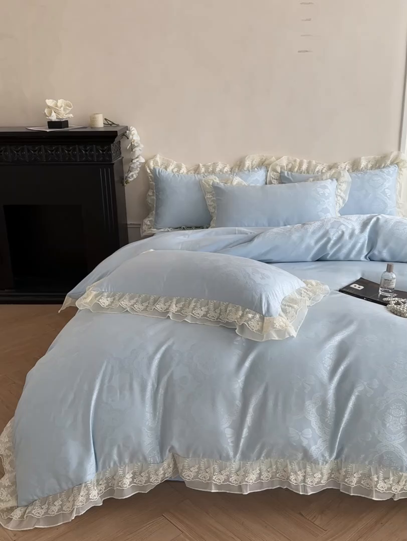 91家纺网 家纺一手货源 找家纺 你好美丽 2026新款水洗棉提花双层雪纺花边四件套-梦甜系列 梦甜蓝