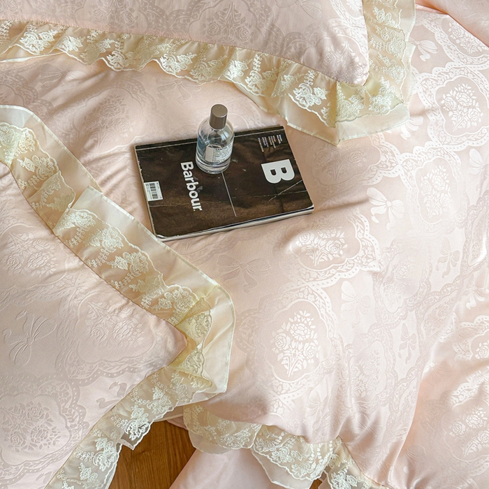 91家纺网 家纺一手货源 找家纺 你好美丽 2026新款水洗棉提花双层雪纺花边四件套-梦甜系列 梦甜玉