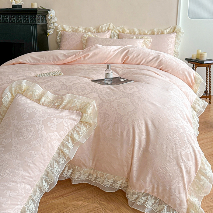 91家纺网 家纺一手货源 找家纺 你好美丽 2026新款水洗棉提花双层雪纺花边四件套-梦甜系列 梦甜玉