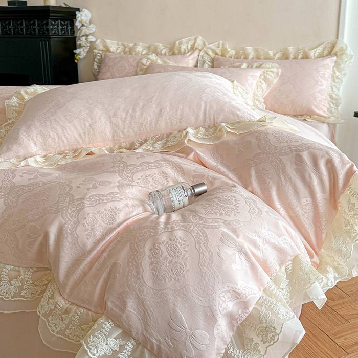 你好美丽 2026新款水洗棉提花双层雪纺花边四件套-梦甜系列 梦甜玉