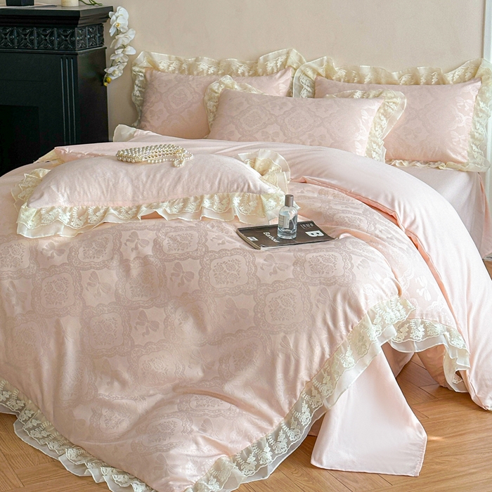 91家纺网 家纺一手货源 找家纺 你好美丽 2026新款水洗棉提花双层雪纺花边四件套-梦甜系列 梦甜玉