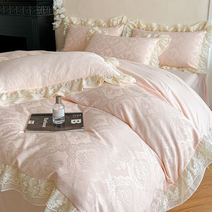 91家纺网 家纺一手货源 找家纺 你好美丽 2026新款水洗棉提花双层雪纺花边四件套-梦甜系列 梦甜玉