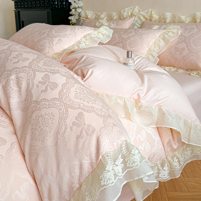 91家纺网 家纺一手货源 找家纺 你好美丽 2026新款水洗棉提花双层雪纺花边四件套-梦甜系列 梦甜玉