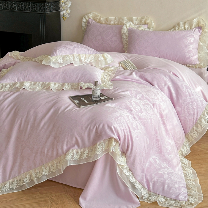 91家纺网 家纺一手货源 找家纺 你好美丽 2026新款水洗棉提花双层雪纺花边四件套-梦甜系列 梦甜紫