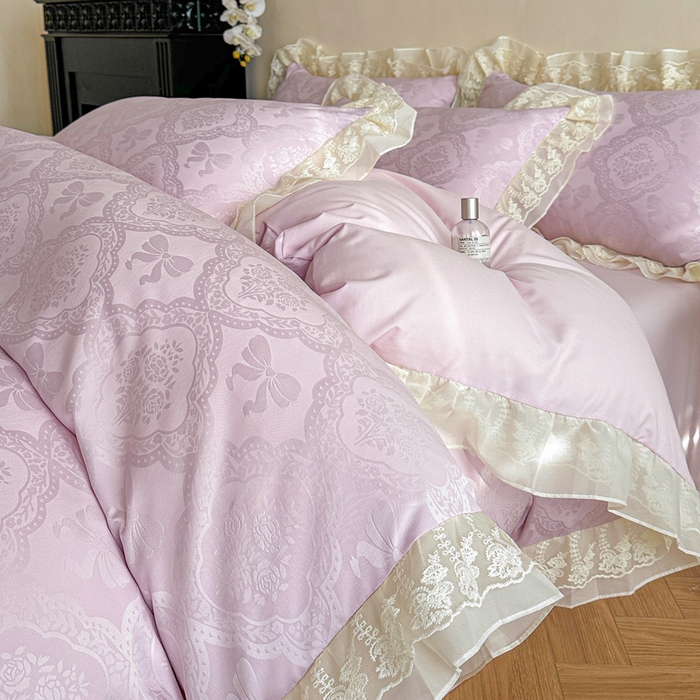 91家纺网 家纺一手货源 找家纺 你好美丽 2026新款水洗棉提花双层雪纺花边四件套-梦甜系列 梦甜紫