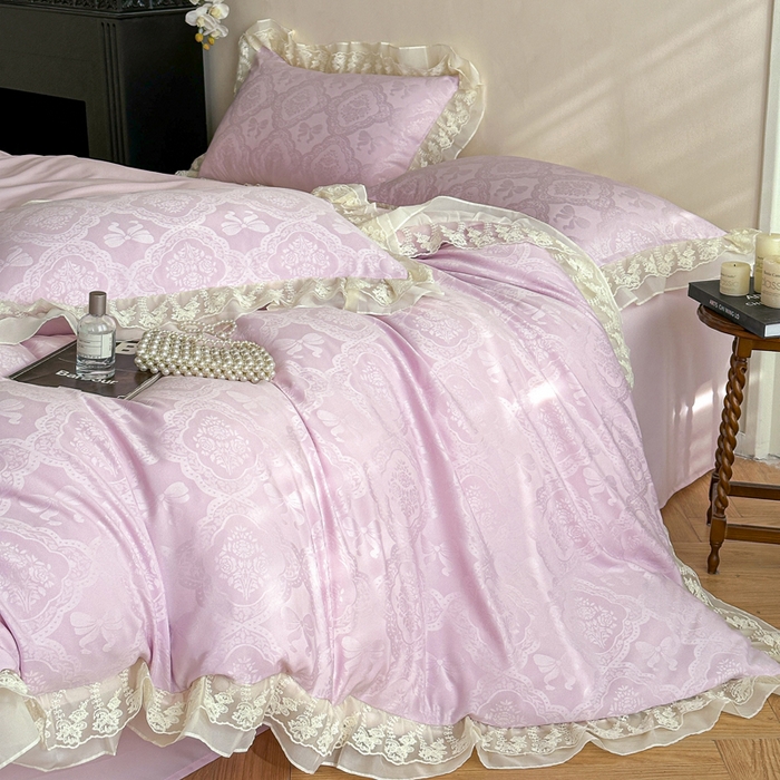 91家纺网 家纺一手货源 找家纺 你好美丽 2026新款水洗棉提花双层雪纺花边四件套-梦甜系列 梦甜紫