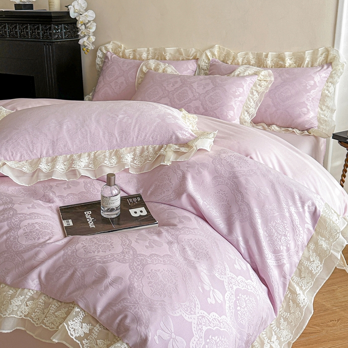 91家纺网 家纺一手货源 找家纺 你好美丽 2026新款水洗棉提花双层雪纺花边四件套-梦甜系列 梦甜紫