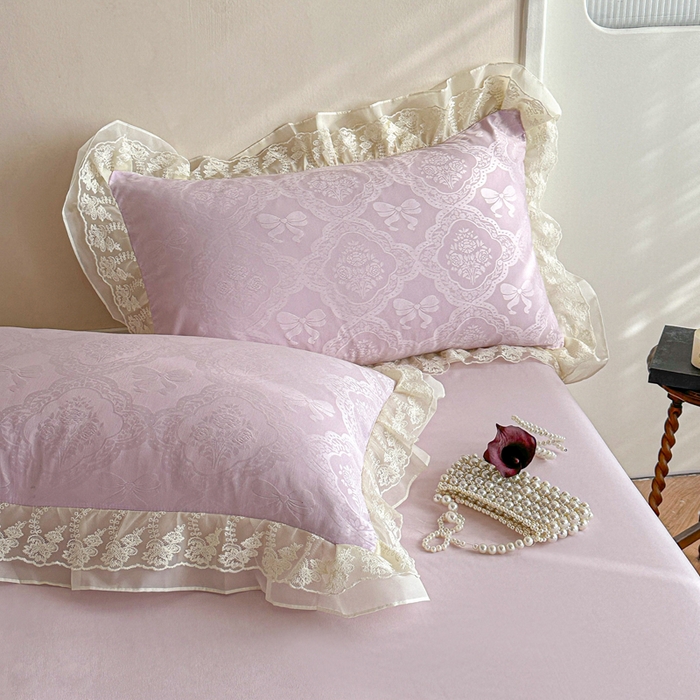 91家纺网 家纺一手货源 找家纺 你好美丽 2026新款水洗棉提花双层雪纺花边四件套-梦甜系列 梦甜紫