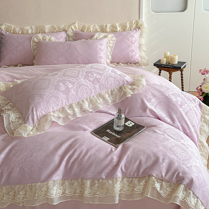 91家纺网 家纺一手货源 找家纺 你好美丽 2026新款水洗棉提花双层雪纺花边四件套-梦甜系列 梦甜紫