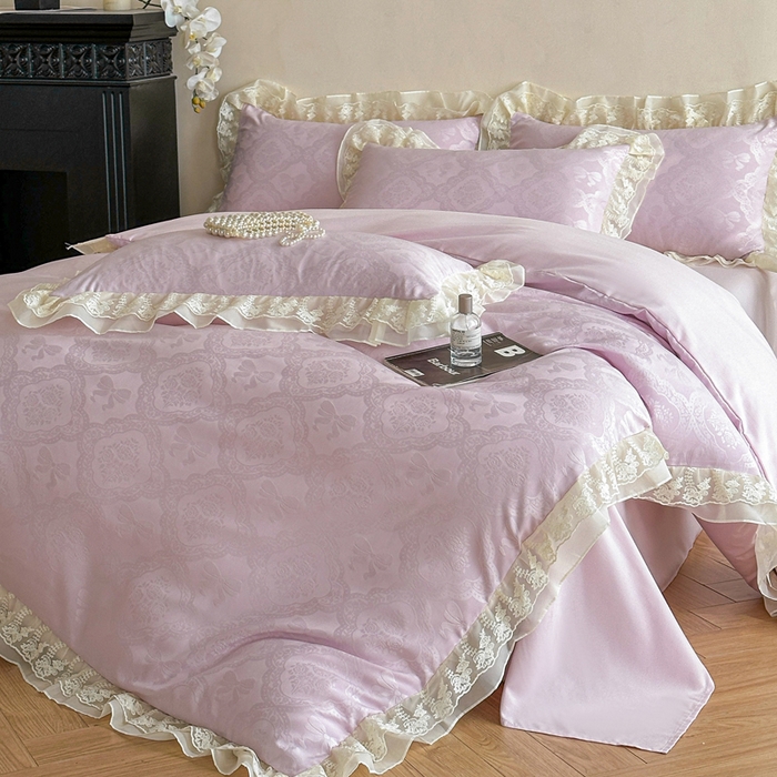 91家纺网 家纺一手货源 找家纺 你好美丽 2026新款水洗棉提花双层雪纺花边四件套-梦甜系列 梦甜紫