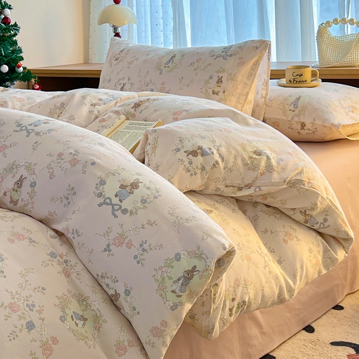 91家纺网 家纺一手货源 找家纺 仟网汇 2025新款全棉纯棉层纱四件套 安琪拉兔