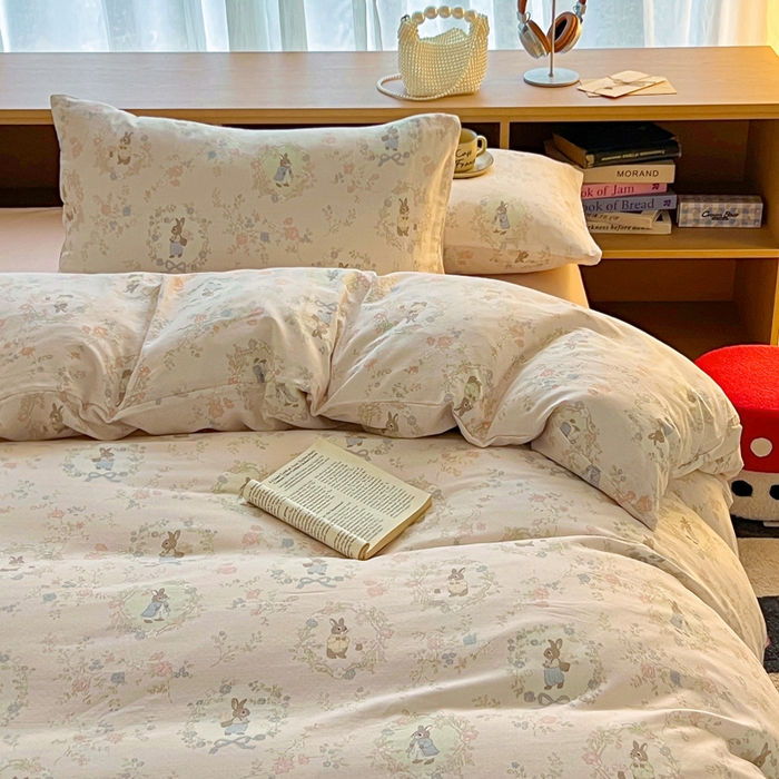 91家纺网 家纺一手货源 找家纺 仟网汇 2025新款全棉纯棉层纱四件套 安琪拉兔