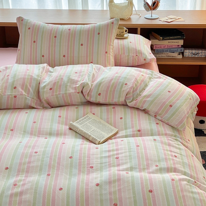 91家纺网 家纺一手货源 找家纺 仟网汇 2025新款全棉纯棉层纱四件套 草莓酱