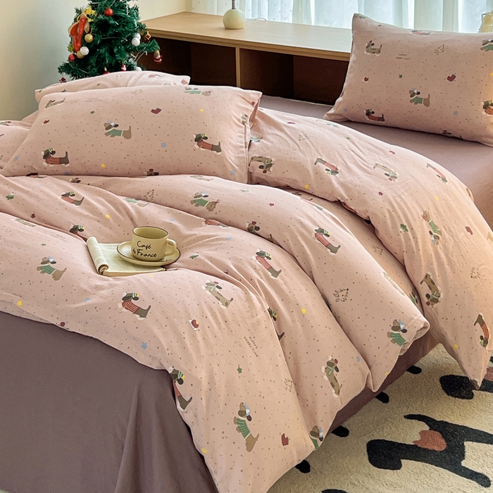 91家纺网 家纺一手货源 找家纺 仟网汇 2025新款全棉纯棉层纱四件套 狗狗派对