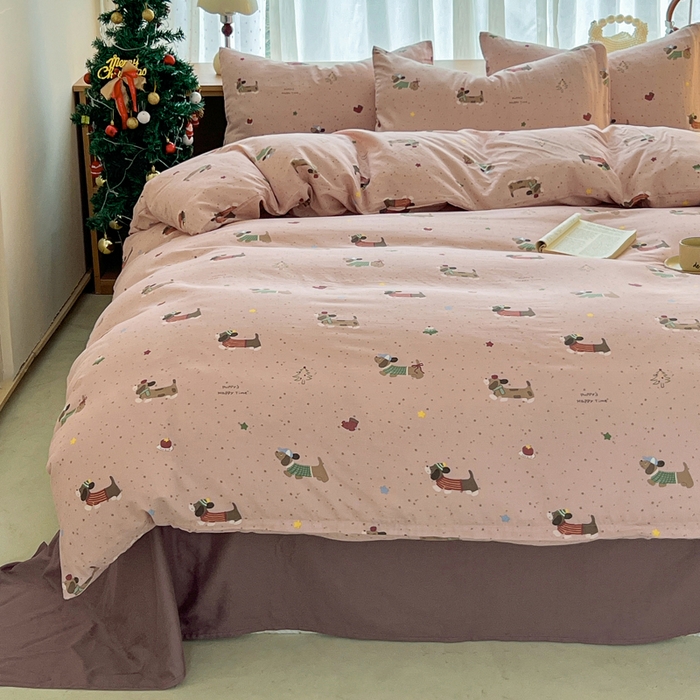 91家纺网 家纺一手货源 找家纺 仟网汇 2025新款全棉纯棉层纱四件套 狗狗派对