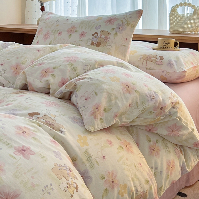 91家纺网 家纺一手货源 找家纺 仟网汇 2025新款全棉纯棉层纱四件套 维尼熊