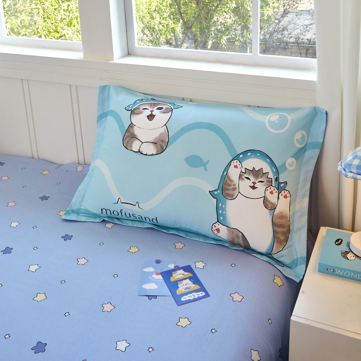 91家纺网 家纺一手货源 找家纺 （总）蘭菲家纺 2026新款全棉大版鲨鱼猫套件-猫福系列四件套