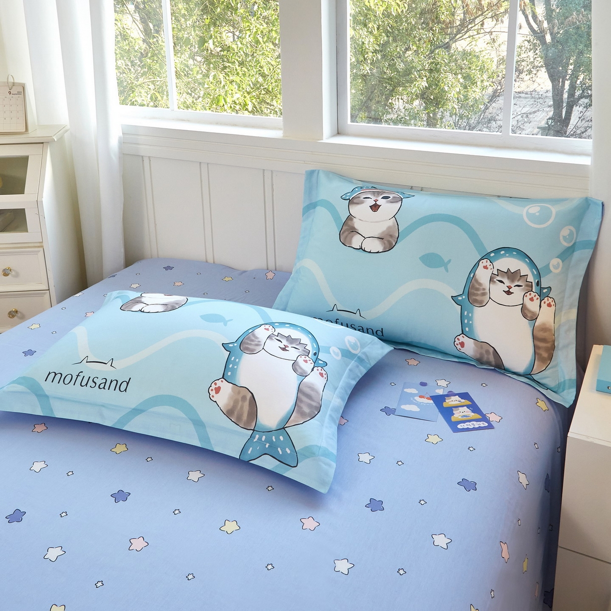 91家纺网 家纺一手货源 找家纺 （总）蘭菲家纺 2026新款全棉大版鲨鱼猫套件-猫福系列四件套