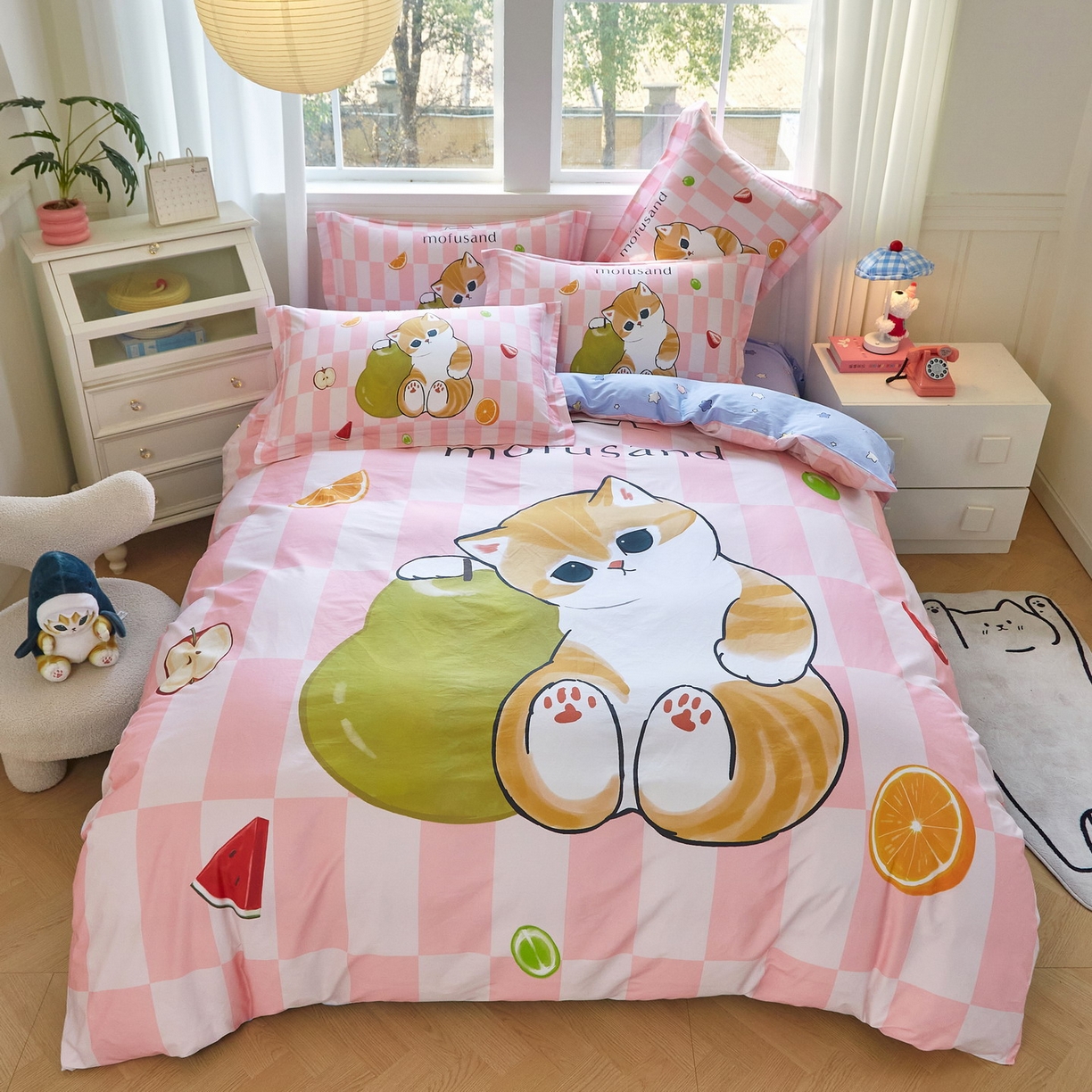 91家纺网 家纺一手货源 找家纺 （总）蘭菲家纺 2026新款全棉大版鲨鱼猫套件-猫福系列四件套