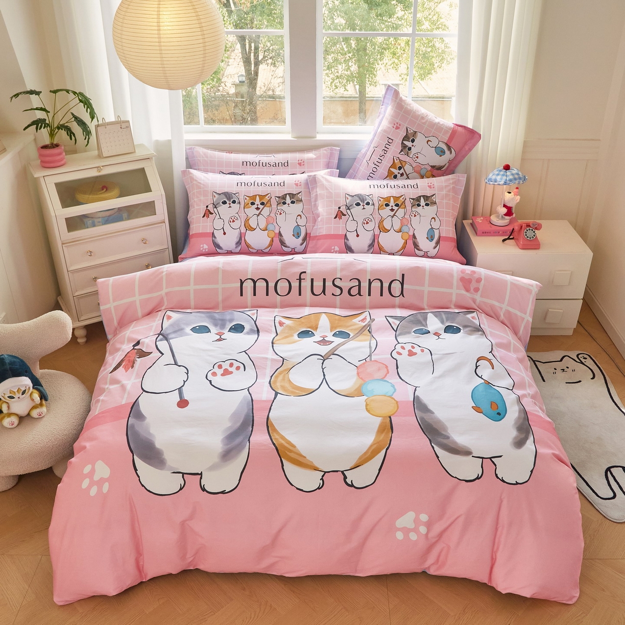 91家纺网 家纺一手货源 找家纺 （总）蘭菲家纺 2026新款全棉大版鲨鱼猫套件-猫福系列四件套