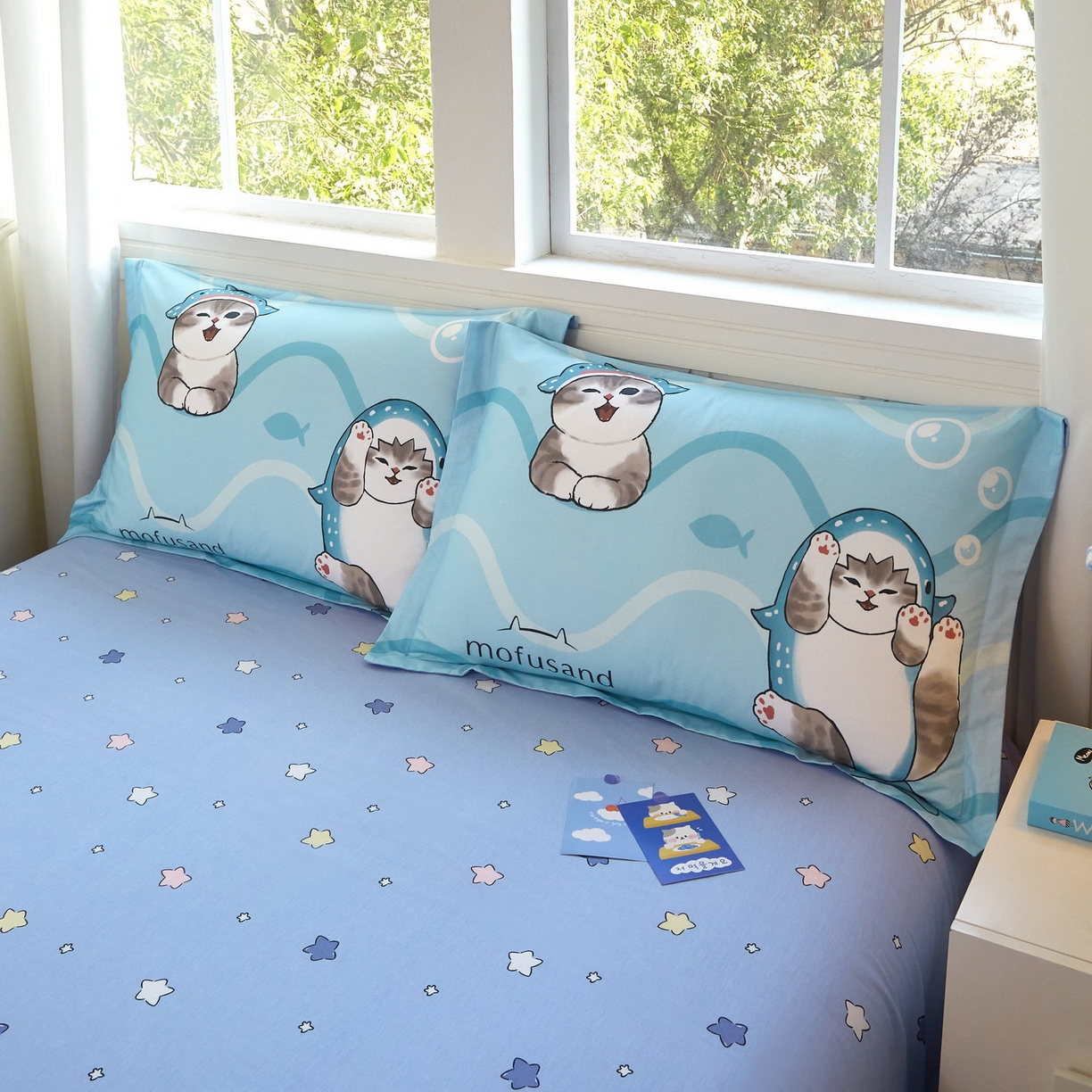 91家纺网 家纺一手货源 找家纺 （总）蘭菲家纺 2026新款全棉大版鲨鱼猫套件-猫福系列四件套