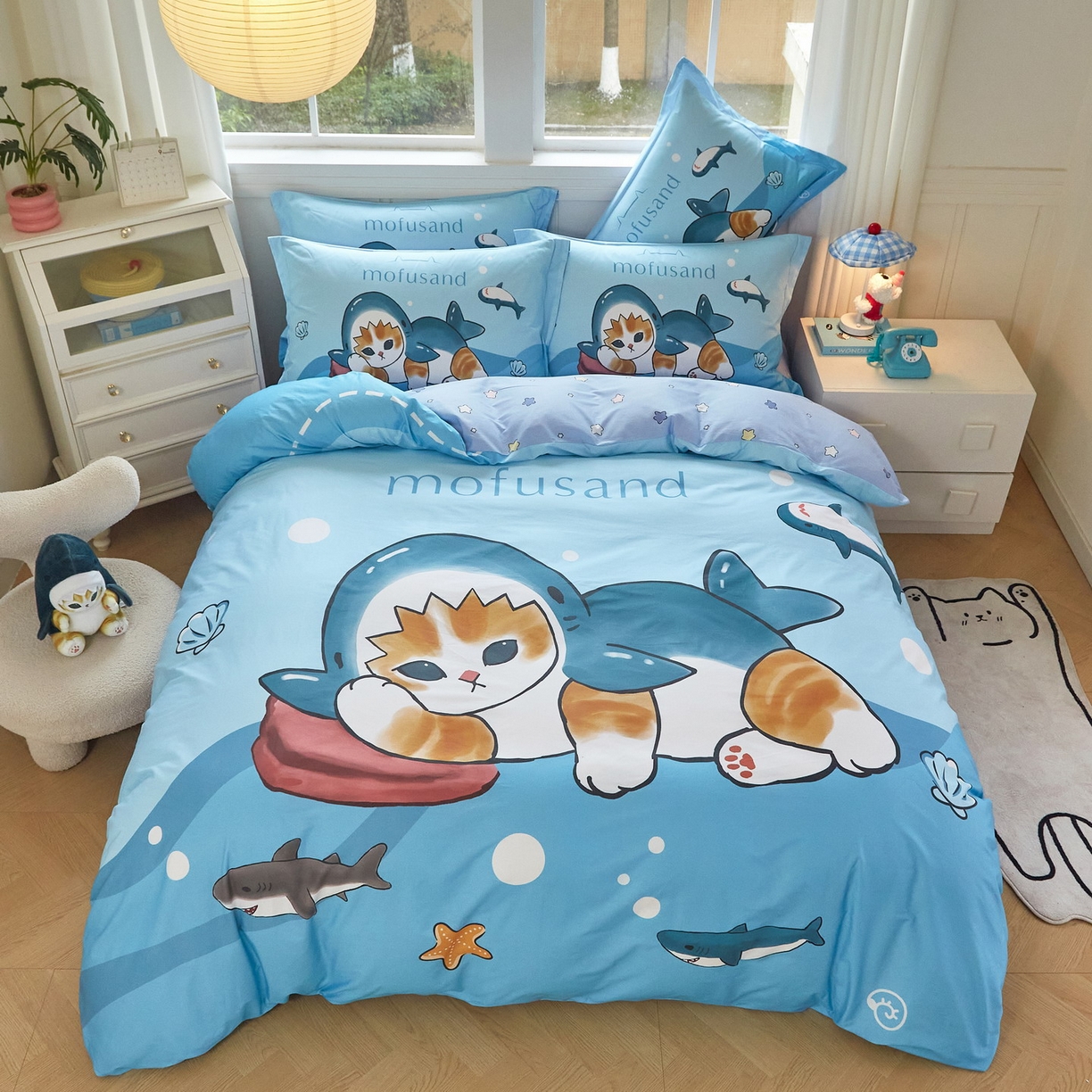 91家纺网 家纺一手货源 找家纺 （总）蘭菲家纺 2026新款全棉大版鲨鱼猫套件-猫福系列四件套