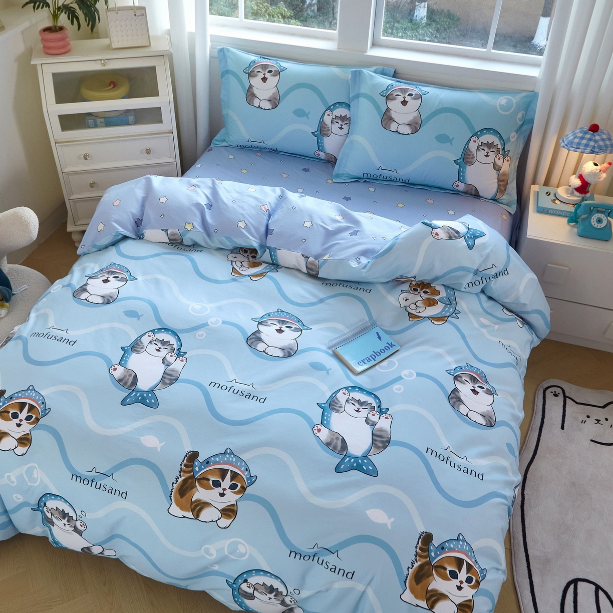 91家纺网 家纺一手货源 找家纺 （总）蘭菲家纺 2026新款全棉大版鲨鱼猫套件-猫福系列四件套